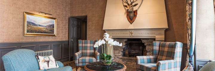 The stylish reception area of the 4 star Maryculter House Hotel in Aberdeenshire.