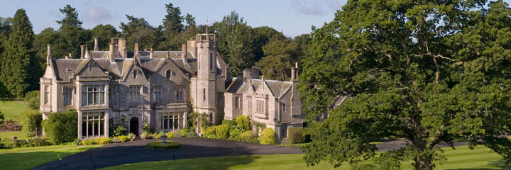 The beautiful Jacobean exterior of the Schloss Roxburghe Hotel in the Scottish Borders, set in 500 acres of woods and alongside its own Championship golf course.