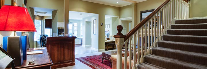 The reception area of the 4 star Royal Golf Hotel in Dornoch. The front door is just a few steps away from the 1st tee of the Championship course at Royal Dornoch Golf Club.