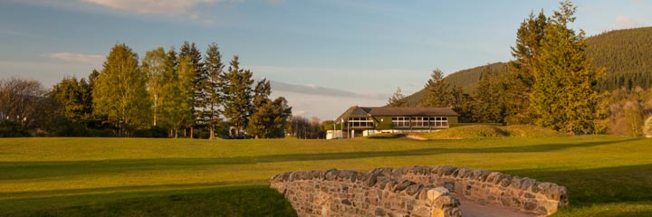 A view up the 18th hole at Ballater Golf club towards the clubhouse