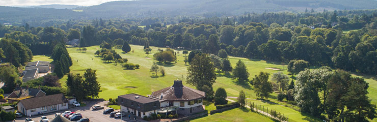 A view across Banchory Golf Club with the clubhouse in the foreground