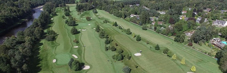 An aerial view of Banchory golf course with the River Dee to the left of the course