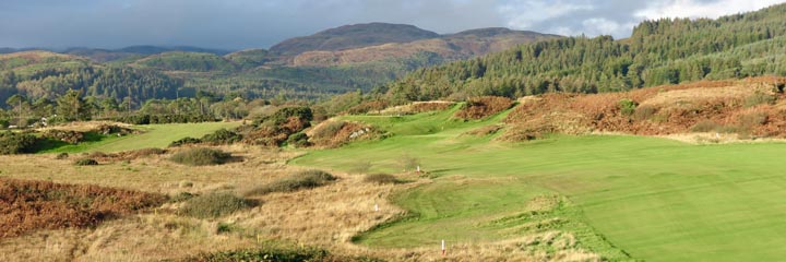 A view across the scenic heathland and moorland mix of Carradale Golf Club in Kintyre on the west coast of Scotland to the hills beyond