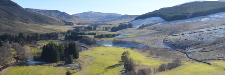 A view across Dalmunzie golf course, one of Scotland's highest courses, sitting between the mountains near Glenshee