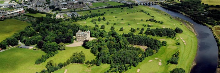 An aerial view of Duff House Royal Golf Club in Banff