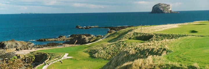 View of the 13th green at the Glen Golf Club with the Bass Rock