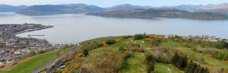 An aerial view Greenock Golf Club looking across the course north across the Firth of Clyde to the hills beyond