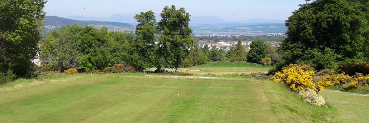 The 10th tee of the New course at Loch Ness Golf Club looking across Inverness to Ben Wyvis