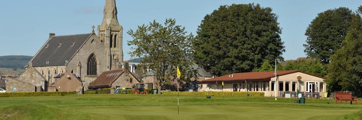 The clubhouse at Milnathort Golf Club with the local cu