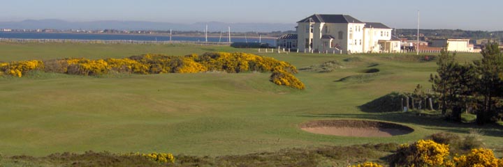 Looking across the links to the clubhouse at Prestwick St Nicholas Golf Club