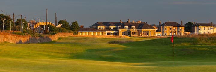 The 1st hole at Prestwick Golf Club, alongside Prestwick rail station